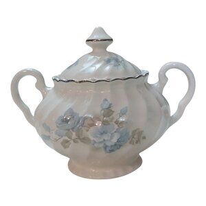 Vintage Porcelain Sugar Bowl with Lid, Blue Floral Pattern, Silver Trim, 4 Inch